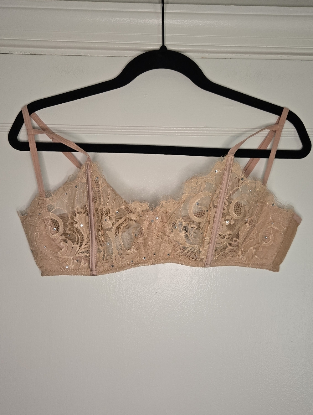 Fredrick's of Hollywood Sexy Sheer Nude Rhinestone Lace Bra - Women's X-Large